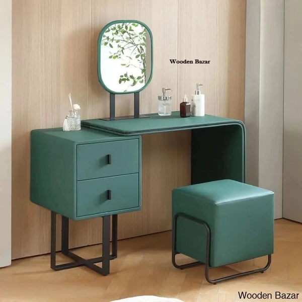 Faux Leather Chic Makeup Table And Vanity Stool Set Premium Dressing With Mirror Green/Black