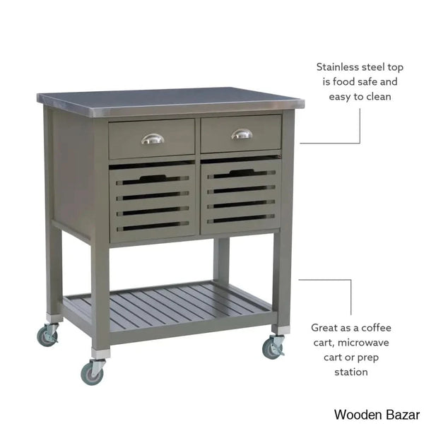 Fisnike Stainless Steel Top 2-Drawer Kitchen Trolley Cart With Storage Bins Cabinet Kitchen Island