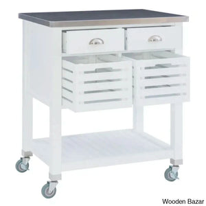 Fisnike Stainless Steel Top 2-Drawer Kitchen Trolley Cart With Storage Bins Cabinet Kitchen Island