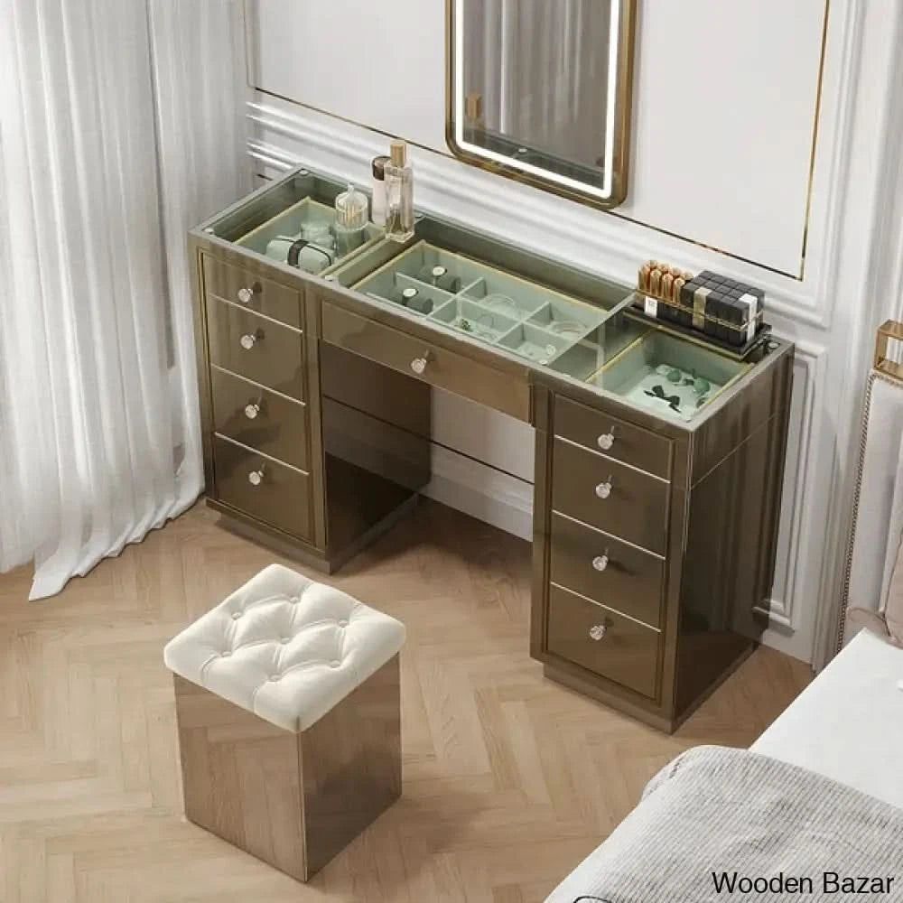 Glam Mirrored Makeup Vanity Set 9-Drawer Dressing Table With Glass Top