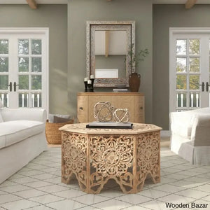 Guillermo Wood Intricately Made Carved Floral Coffee And Center Table W/ Hollow Interior