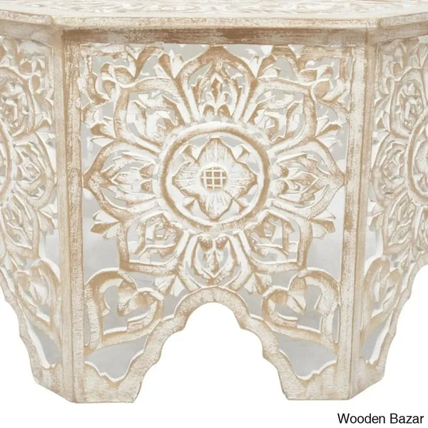 Guillermo Wooden Handmade Intricately Carved Floral Living Room Coffee Table With Hollow Interior