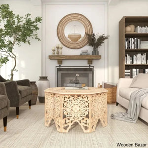 Guillermo Wooden Handmade Intricately Carved Floral Living Room Coffee Table With Hollow Interior