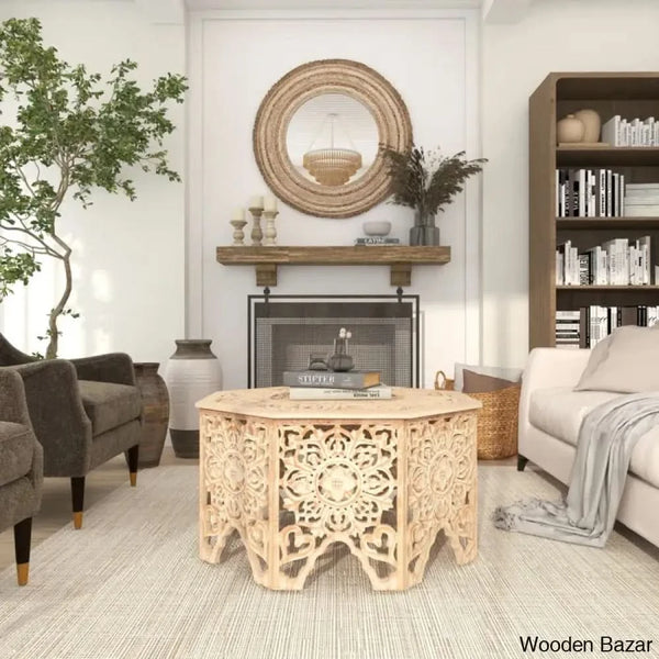 Guillermo Wooden Handmade Intricately Carved Floral Living Room Coffee Table With Hollow Interior