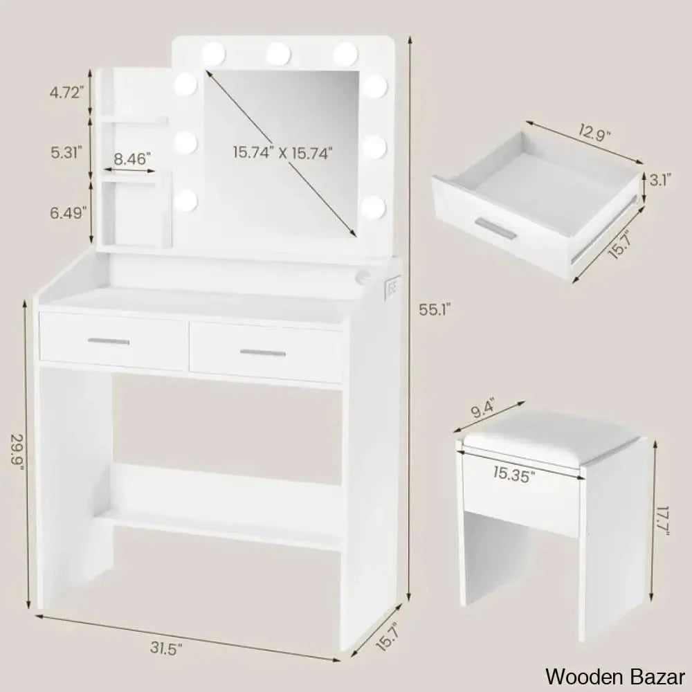 Harkesh Vanity Dressing Table With Lighted Mirror And Stool White