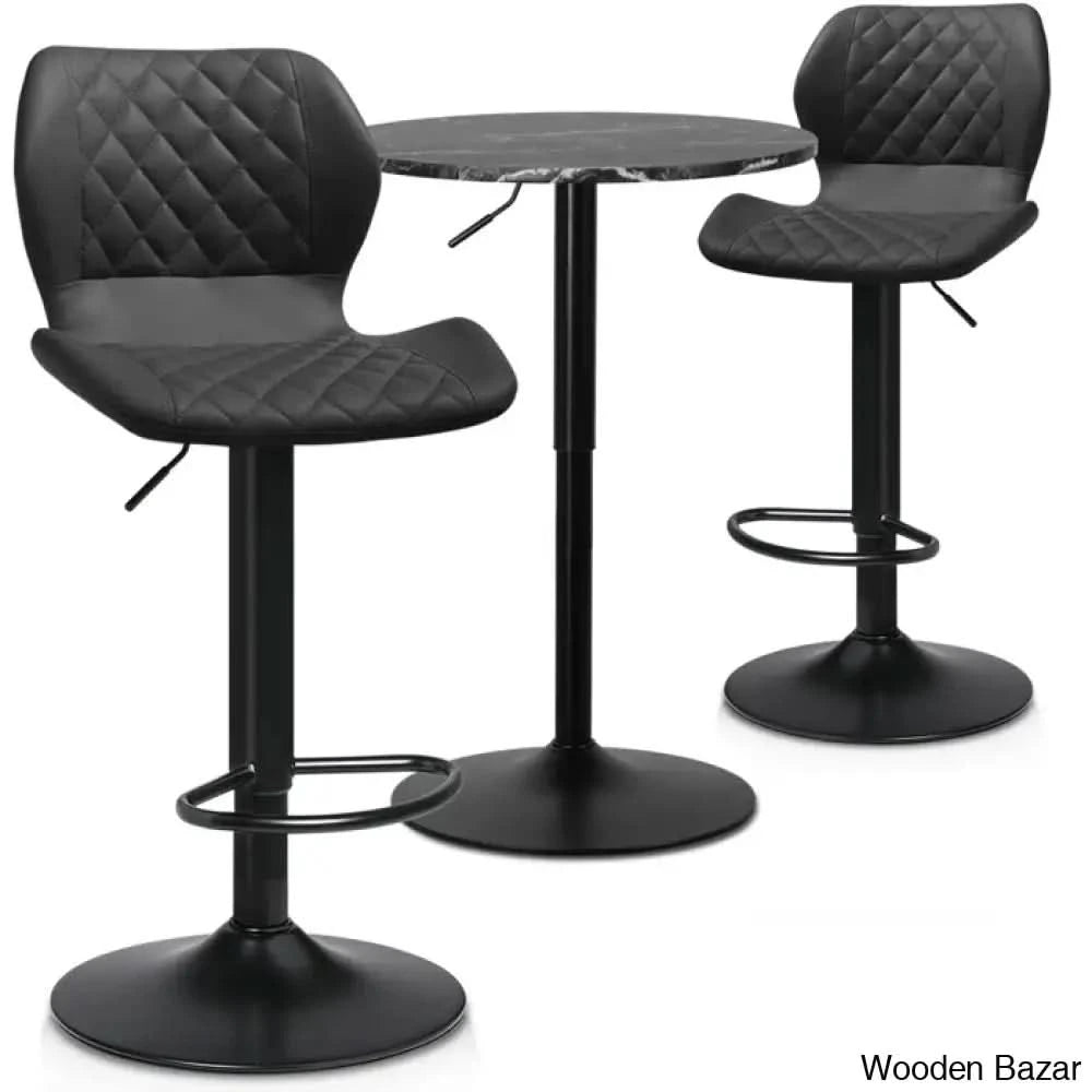 Height-Adjustable 3-Piece Pub Table Set | Leathered Pedestal Bar Stools Dining Black Rock