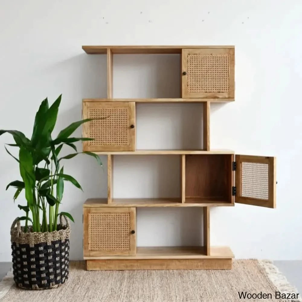 Helmut Modern Cane Bookshelf With Partially Closed Storage - Wooden Bazar Natural