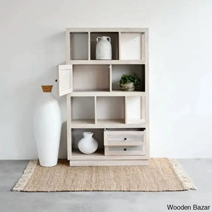 Herve Solid Wood Rectangular Bookshelf With Doors & 2 Drawer Storage White