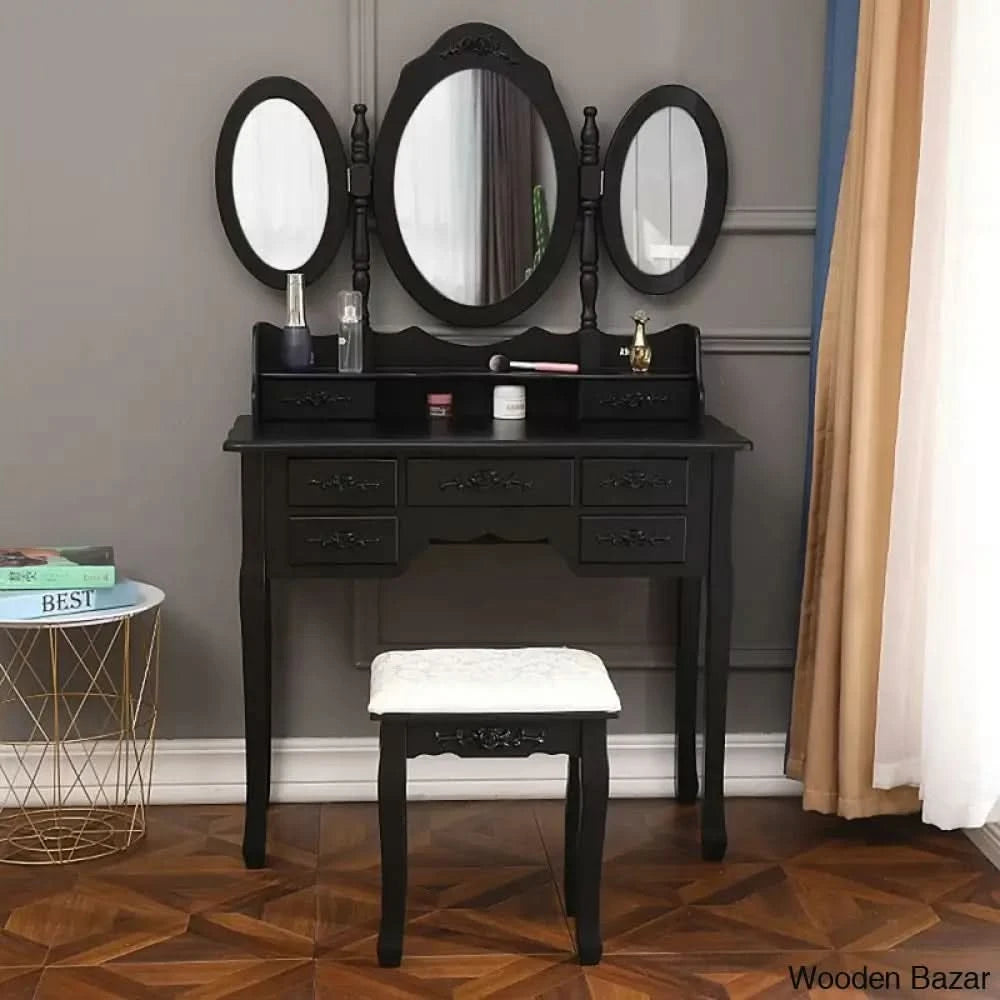 Highview Vanity 3 Mirrors Dressing Table With Stool Black