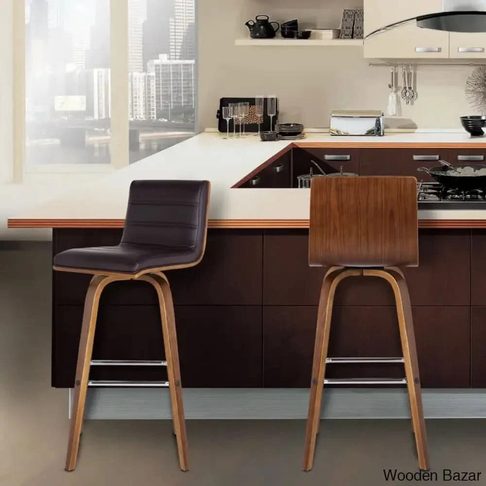 Hiramc Solid Wood Swivel Bar & Counter Stool Walnut / Brown Creambar (30’’ Seat Height)