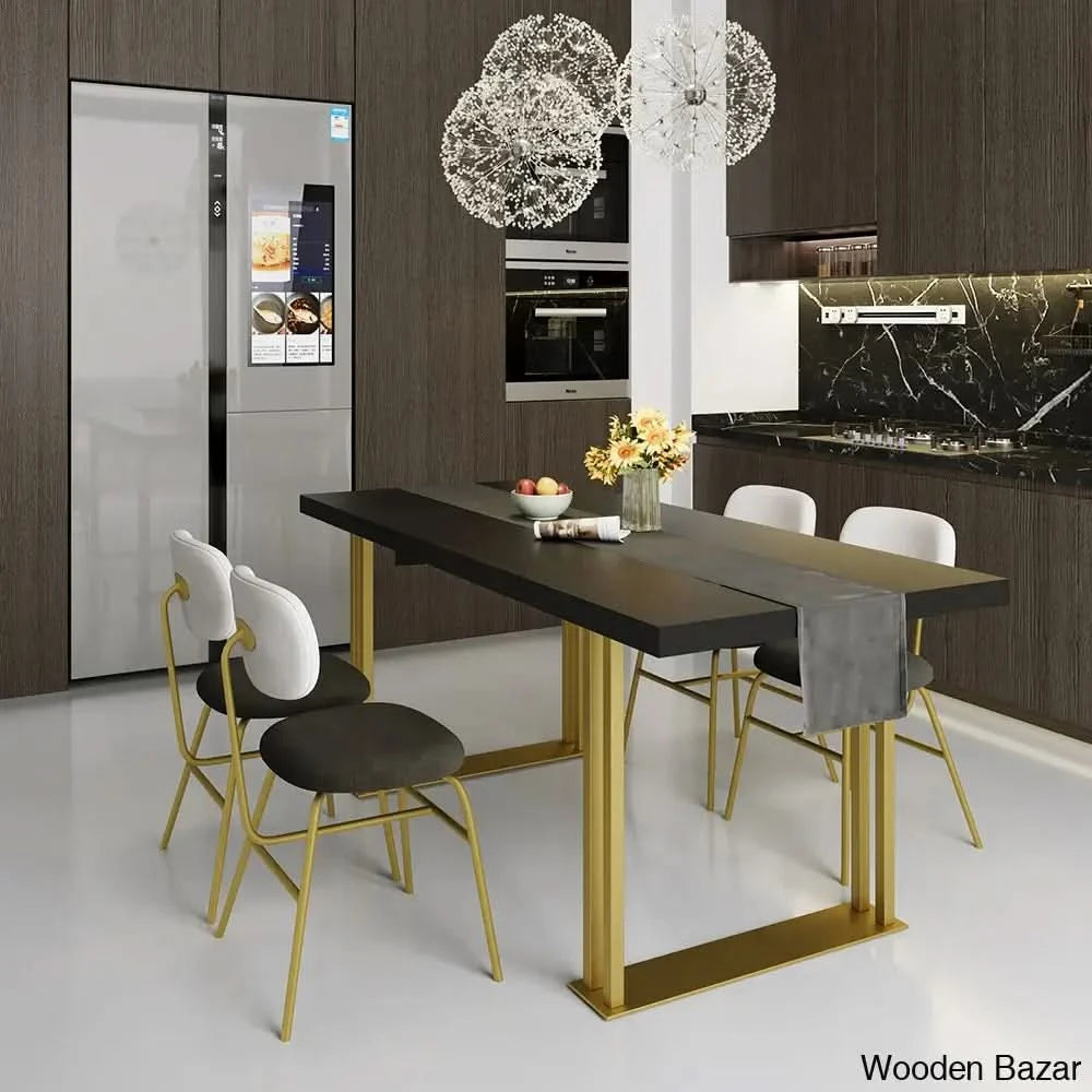 Hover 63’’ Black Rectangle Wood Dining Table In Gold 6 Seater