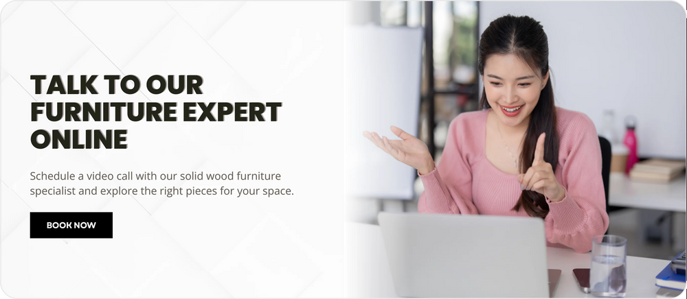 Woman using a laptop with text inviting viewers to talk to a furniture expert online.
