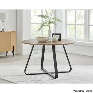 Industrial Chic Round Wood-Effect Dining Table Set With 6 Luxe Velvet Upholstered Chairs