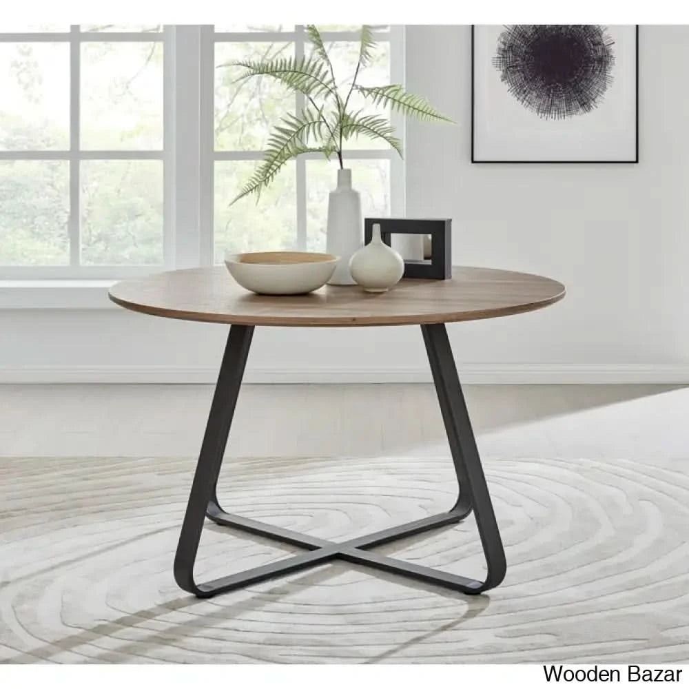 Industrial Chic Round Wood-Effect Dining Table Set With 6 Luxe Velvet Upholstered Chairs Navy/Silver