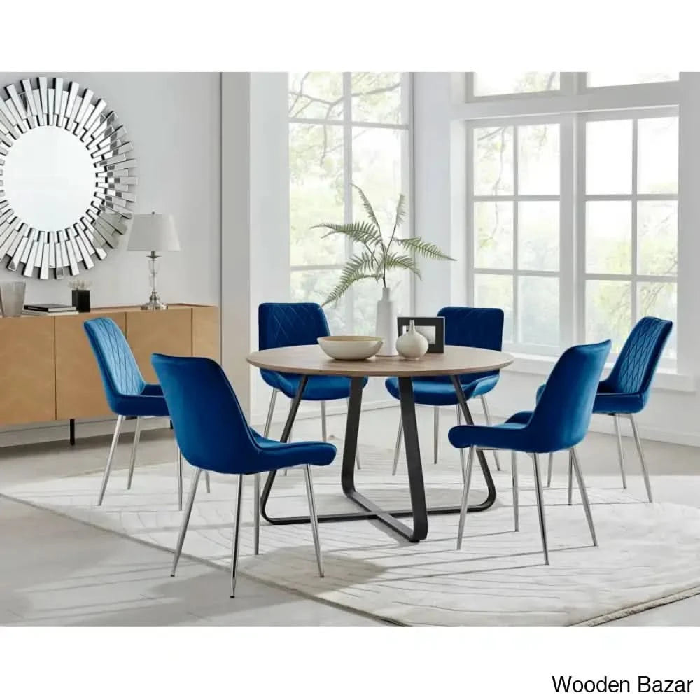 Industrial Chic Round Wood-Effect Dining Table Set With 6 Luxe Velvet Upholstered Chairs Navy/Silver