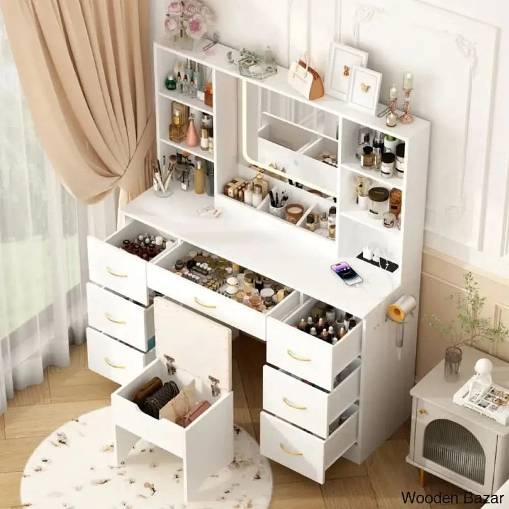 Jammie Vanity Dressing Table With Lighted Mirror And Stool White