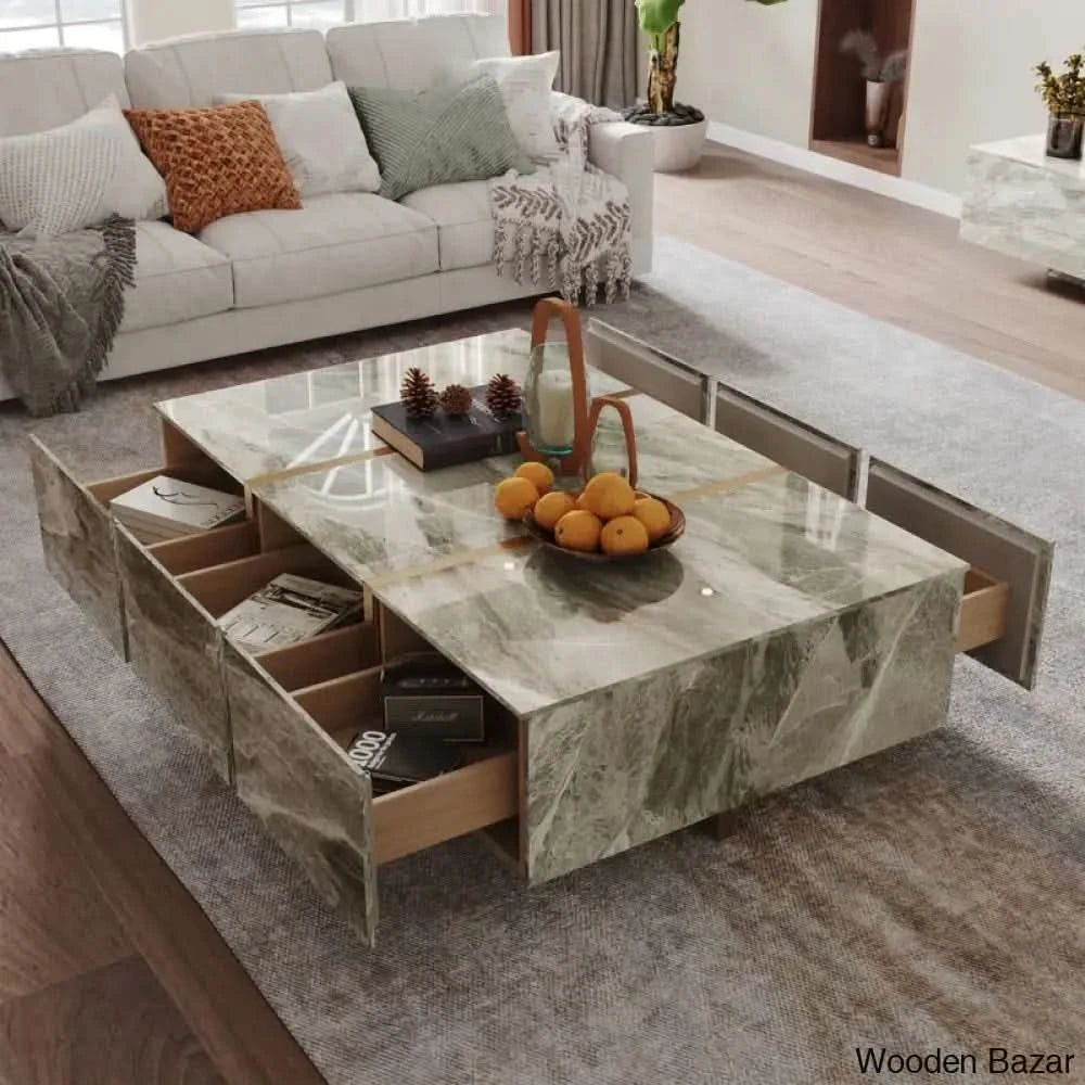 Journee 51’’ Sintered Stone Coffee And Center Table With 6 Solid Teak Drawers Gray