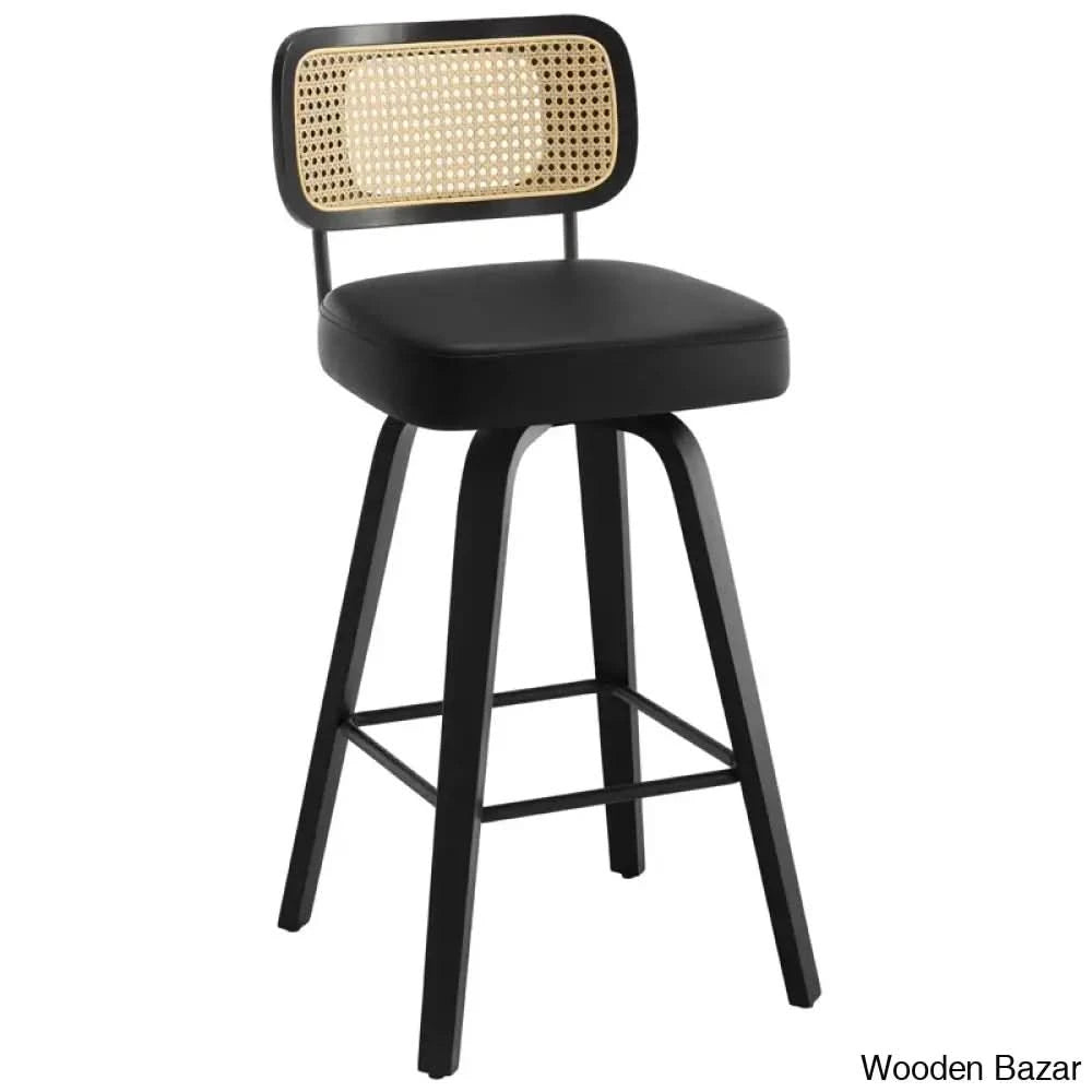 Juliezas Swivel Upholstered Rattan Back Counter & Bar Stool Black / (26’’ Seat Height)