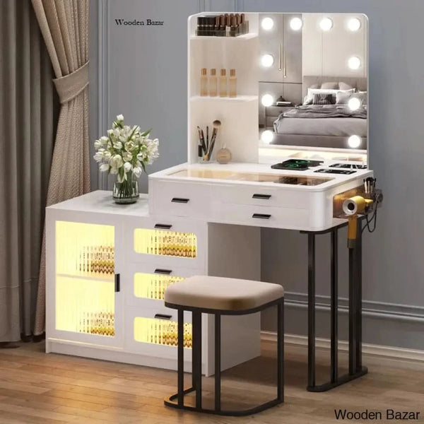 Kaspian Vanity Dressing Table With Lighted Mirror Stool And Storage Cabinet