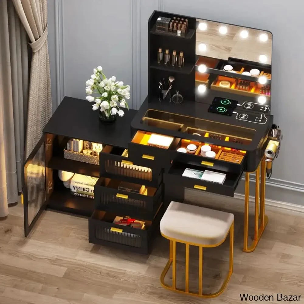 Kaspian Vanity Dressing Table With Lighted Mirror Stool And Storage Cabinet