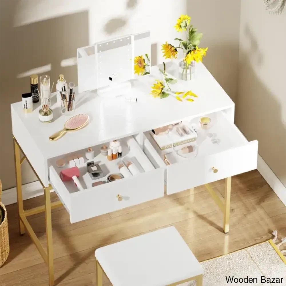Kaut Vanity Dressing Table Set With Lighted Mirror Makeup 2 Drawers Desk For Bedroom Stool