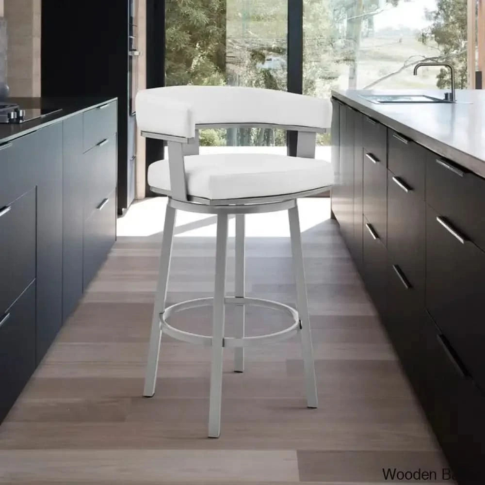 Kellumo Swivel Counter And Bar Height Stool With Arms In Faux Leather Upholstery Metal Legs Silver