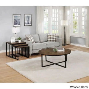 Kersh 42’’ Rustic Industrial Wooden Metal Frame Crossed Legged Round Coffee And Center Table