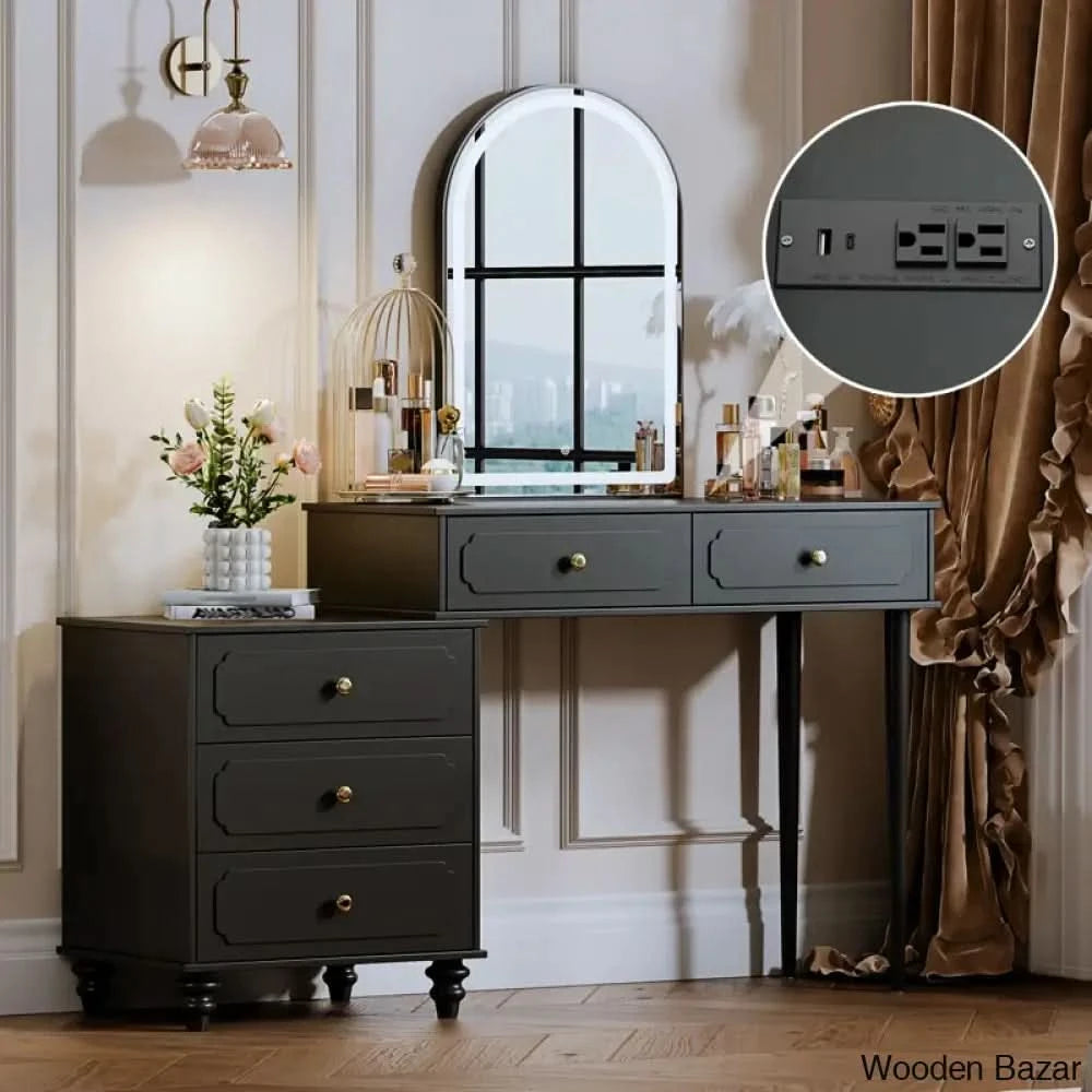 Keyrah Vanity Desk With 3 Color Touch Screen Dimming Mirror Makeup Dressing Table Power Strip Black