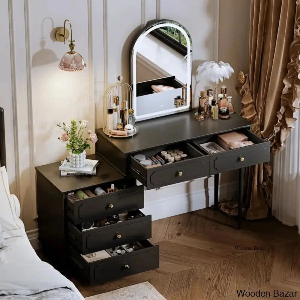 black dressing table with stool and mirror Keyrah Vanity Desk with 3 Color Touch Screen Dimming Mirror, Makeup Dr