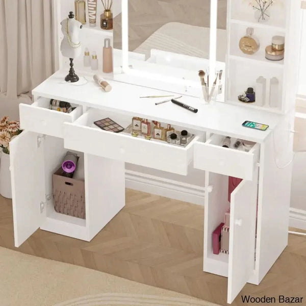 Kimrey Vanity Dressing table with Llight Sliding Mirror and 7 Drawers,