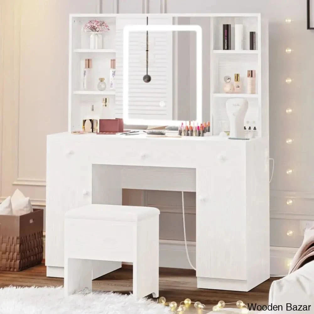 Kimrey Vanity Dressing Table With Llight Sliding Mirror And 7 Drawers Makeup Table Set For Bedroom