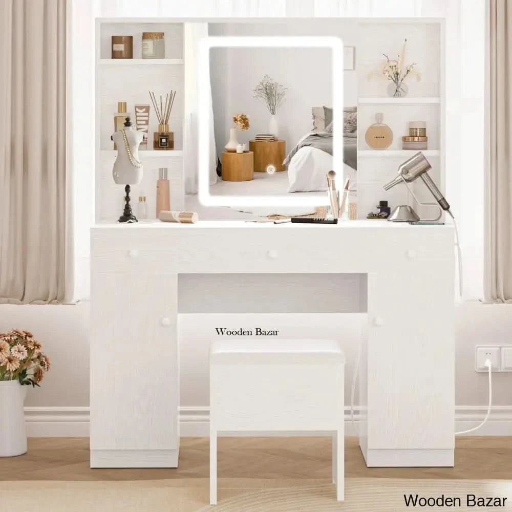 Kimrey Vanity Dressing Table With Llight Sliding Mirror And 7 Drawers Makeup Table Set For Bedroom