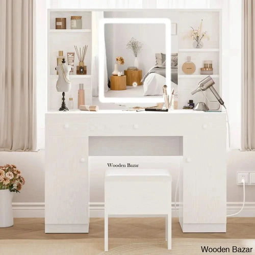 Kimrey Vanity Dressing Table With Llight Sliding Mirror And 7 Drawers Makeup Table Set For Bedroom