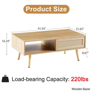 Kirsti Rattan Coffee And Center Table Mid Century Side Accent Sliding Woven Door & Solid Wood Legs
