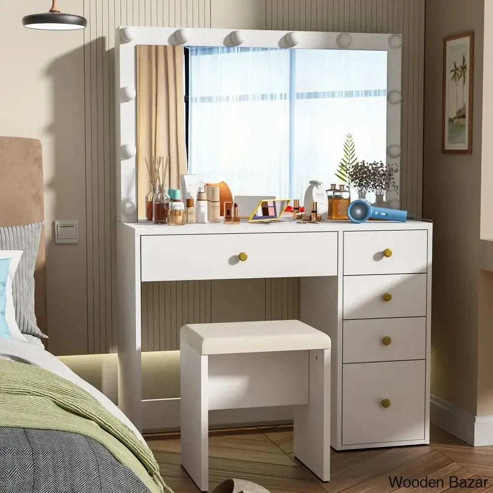 Klaarke Vanity Dressing Table With Mirror Lights And Stool
