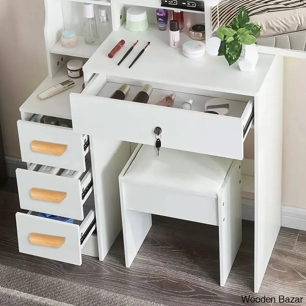 Kriansh Vanity Dressing Table With Mirror Lights And Stool