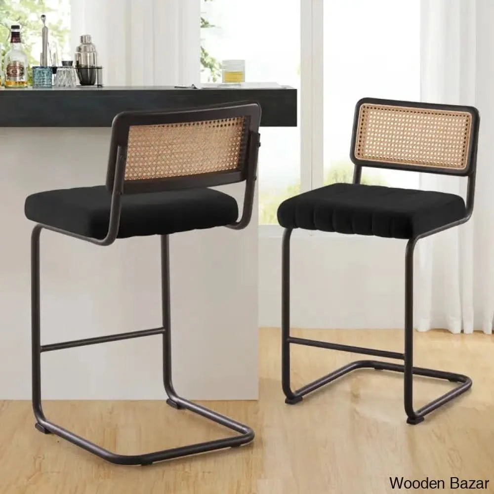 Krystalino Swivel Velvet Upholstered Cane Back Counter And Bar Stool (Set Of 2) Black / Bar (30”