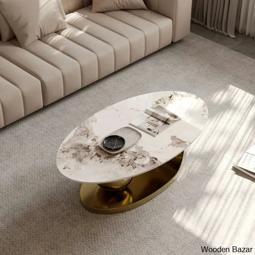 Labana 51-Inch Pandora Oval Coffee Table With Stone Top And Center Table Brown/White