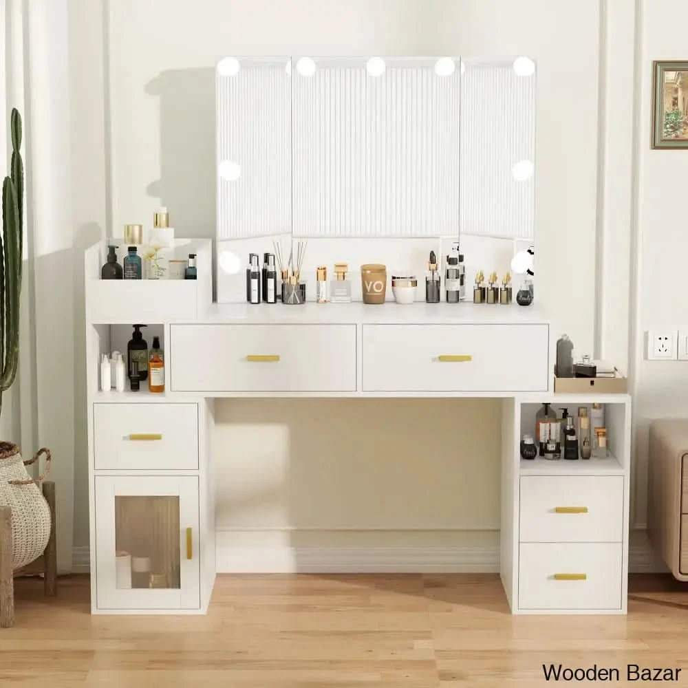 Large Makeup Vanity Dressing Table With Led Bulbs Tri-Fold Mirror And Built-In Charging Station