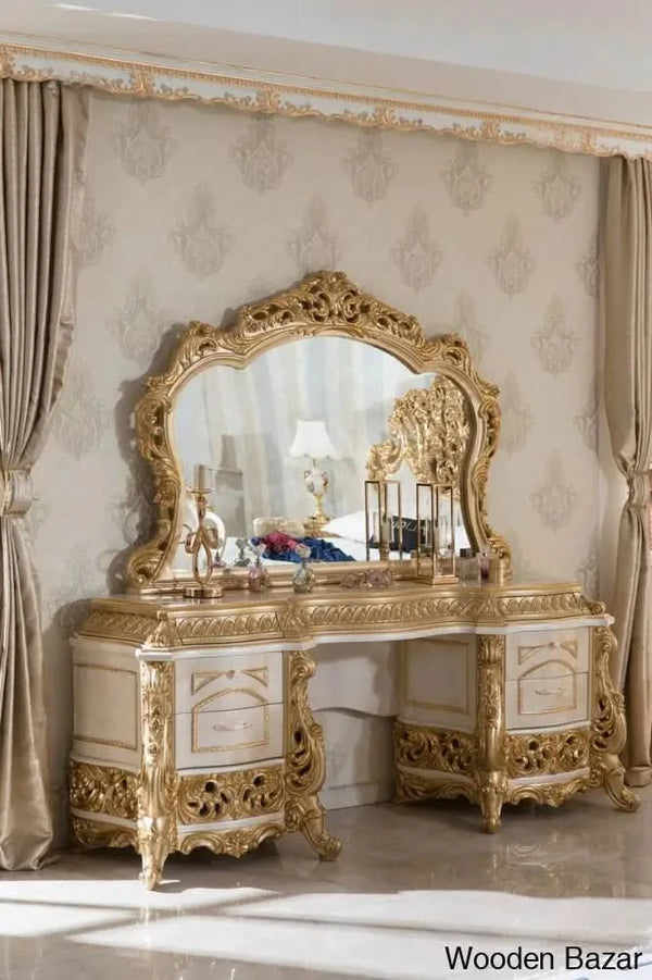 luxury bedroom dressing table Luxury Vanity Desk with Round Mirror,Height-Adjustable, Stylish Dressing Table Set, 4 Drawers & Stool, Champagne - Bed Bath & Beyond