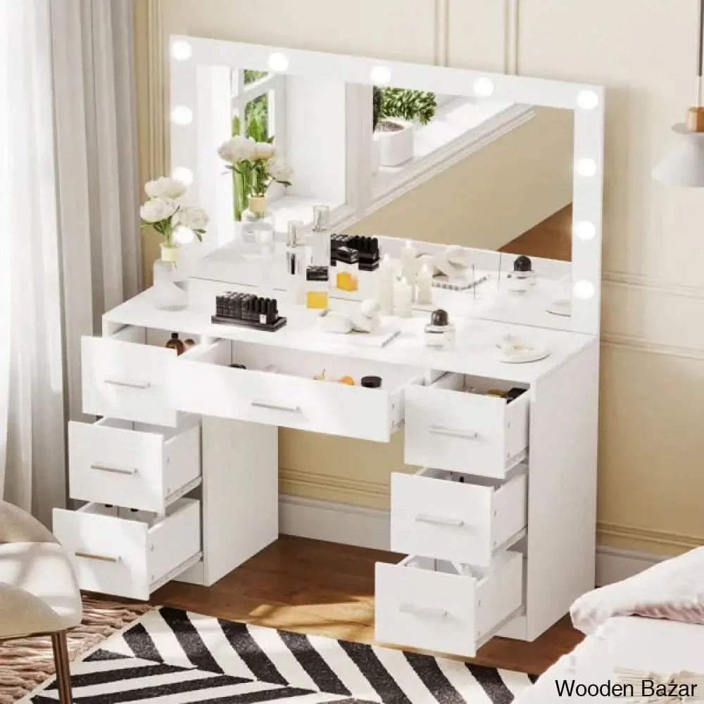 Makada Vanity Dressing Table With Large Lighted Mirror Makeup Desk 7 Drawers
