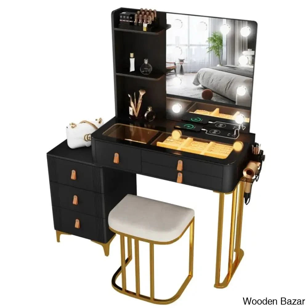 Makeup Vanity Dressing Table With 3 Lighting Colors Mirror And Stool Gold/Black