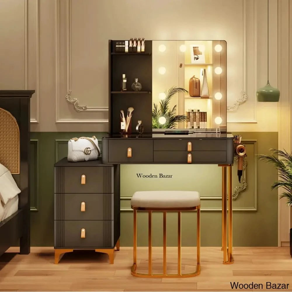 Makeup Vanity Dressing Table With 3 Lighting Colors Mirror And Stool Gold/Black