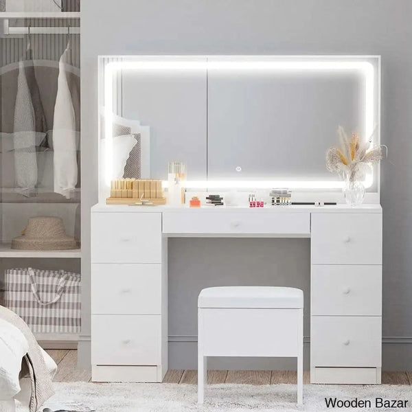 Makeup Vanity Dressing Table with LED Mirror & 7 Drawers WoodenBazar