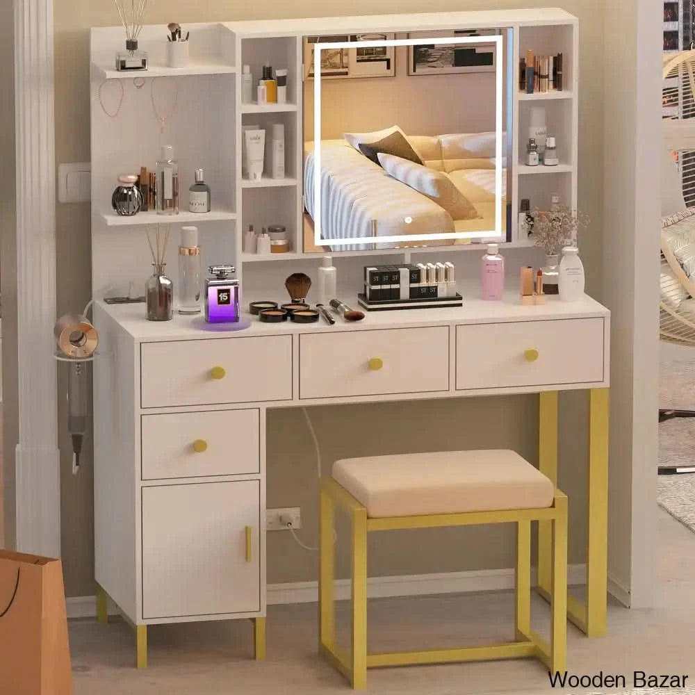 Maricha Vanity Dressing Table With Lighted Mirror And Stool