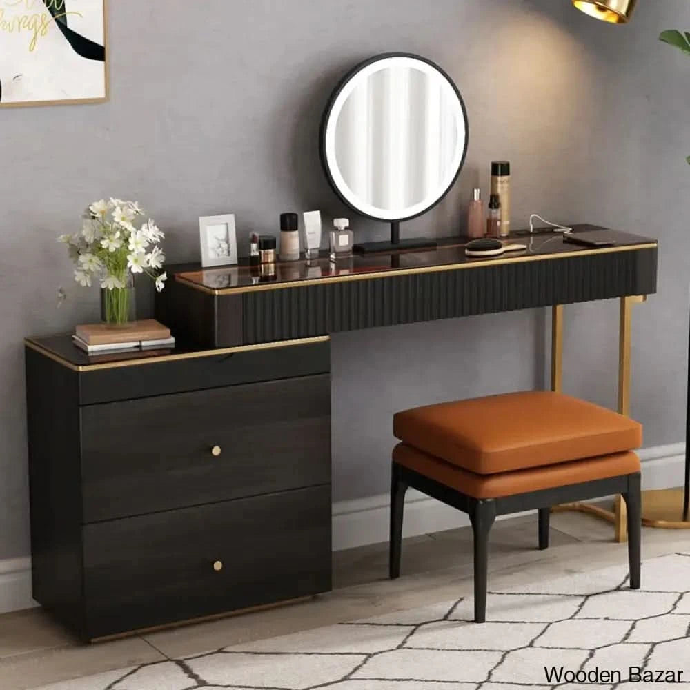 Maurece Vanity Dressing Table With Lighted Mirror And Stool Black/Brown