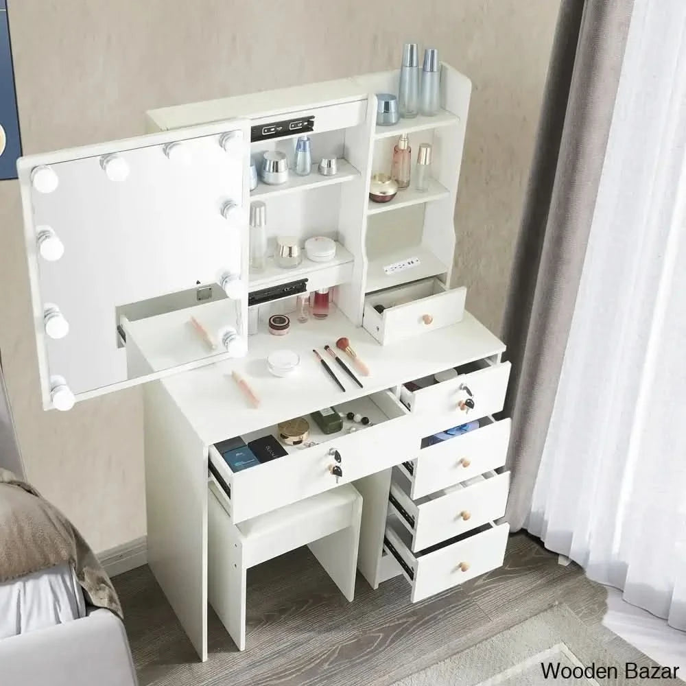 Merline Vanity Dressing Table With Mirror Lights And Stool