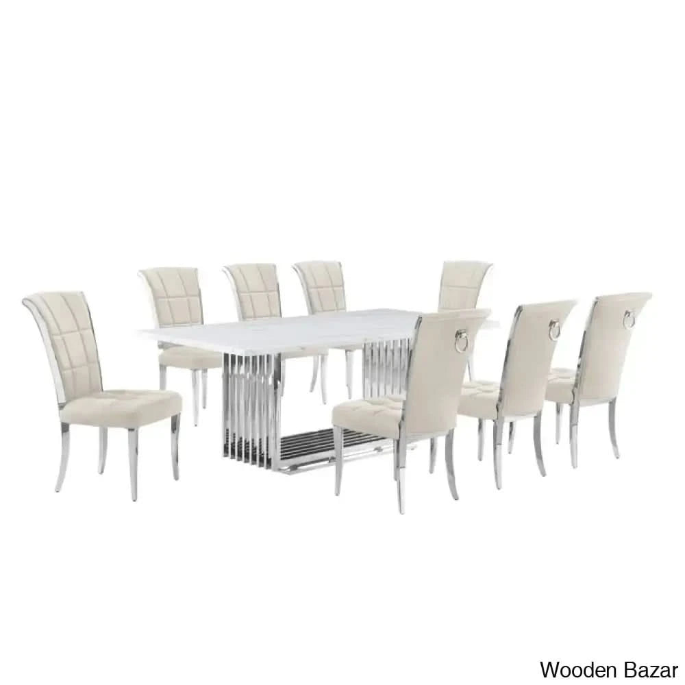 Miler Royal 8 Seater Dining Table Set Marble Top Rectangle Cream