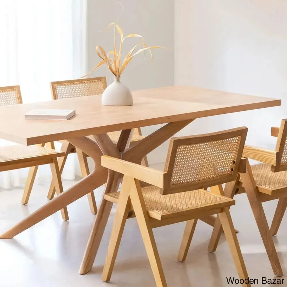 Miles Rattan Modern Dining Table Set With Four Chairs With Armrests