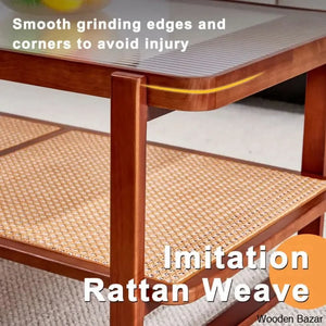 Mittal Sled Glass Top Wood Frame Rattan Coffee And Center Table With Shelf
